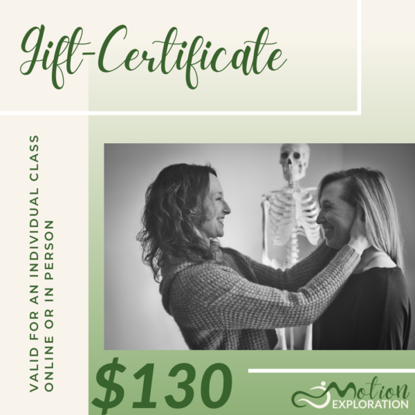 Christine working with a client, standing and holding the clients’s neck. Writing showing Gift certificate with price of $130