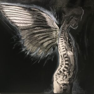 painting of a profile silhouette-seing the spine with wings in the back