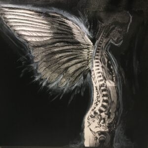 painting of a profile silhouette-seing the spine with wings in the back